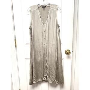 Eileen Fischer Silk Dress Size M Taupe Sleeveless Pockets Hi Lo Minimalist
